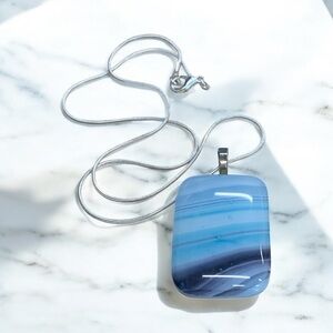 Artisan Handcrafted Teal & Purple Swirl fused glass pendant on 18” silver chain
